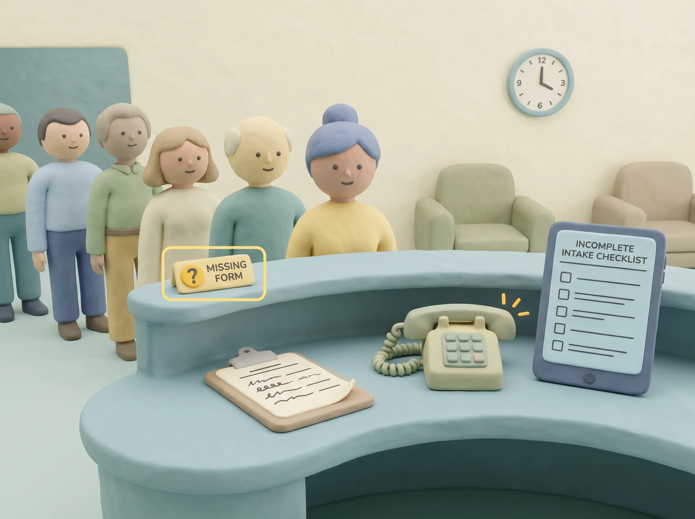 Front desk collecting dental intake details manually while a digital form remains incomplete.