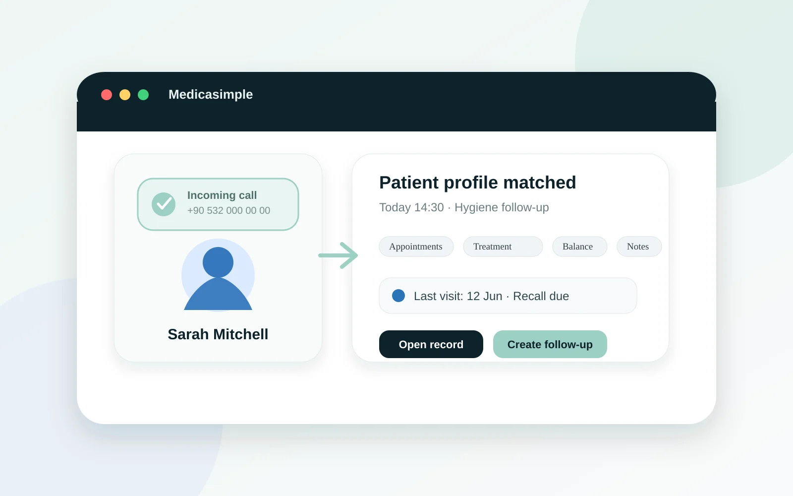 Medicasimple Caller ID settings screen showing synced patient names for incoming calls