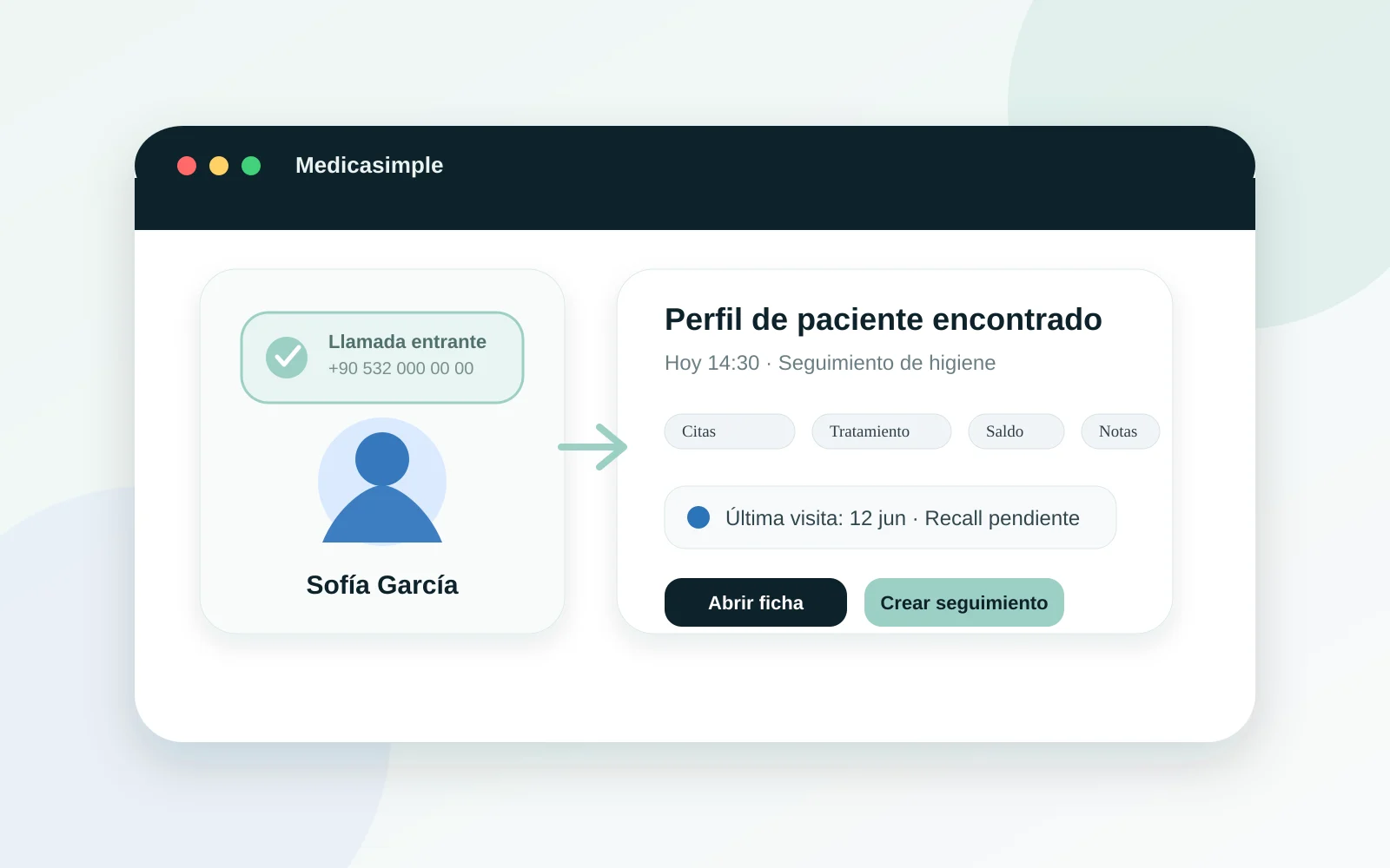 Pantalla de configuración del identificador de llamadas de Medicasimple con nombres de pacientes sincronizados