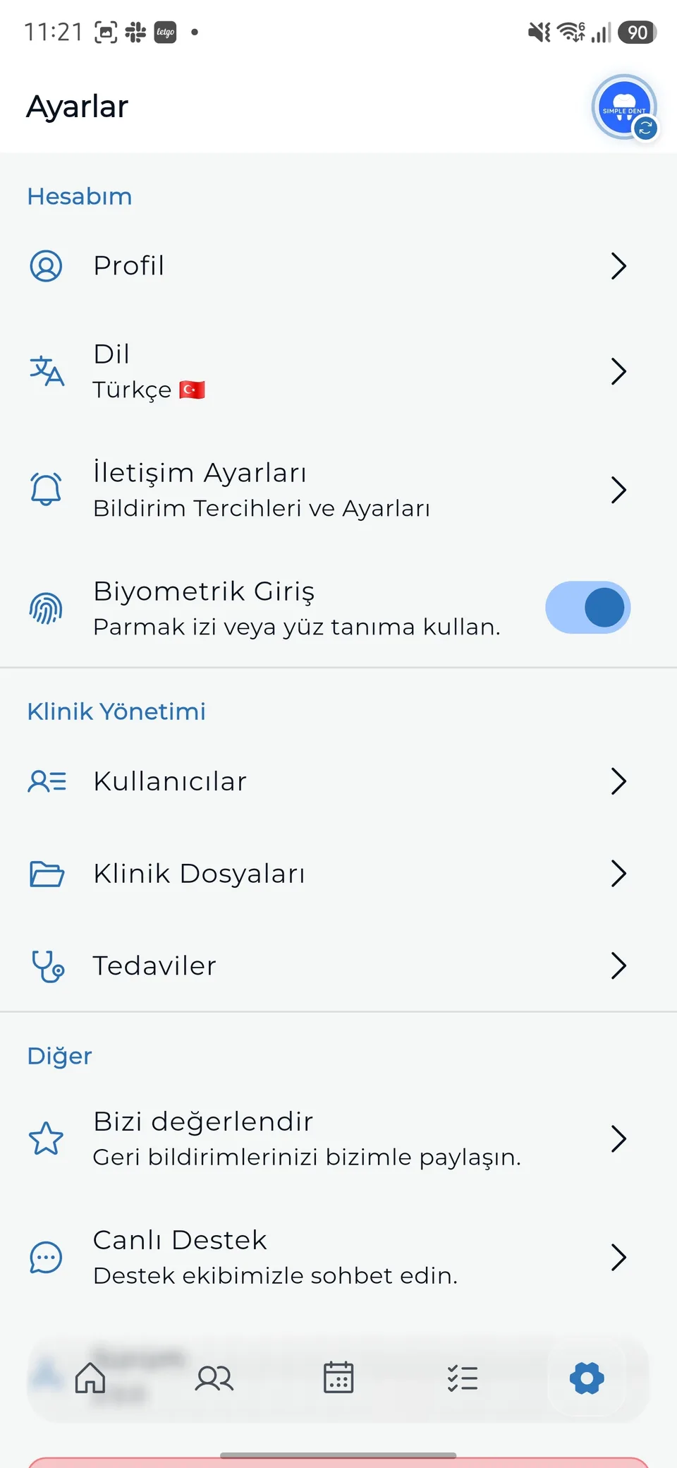 Android’de Medicasimple Ayarlar ekranı.