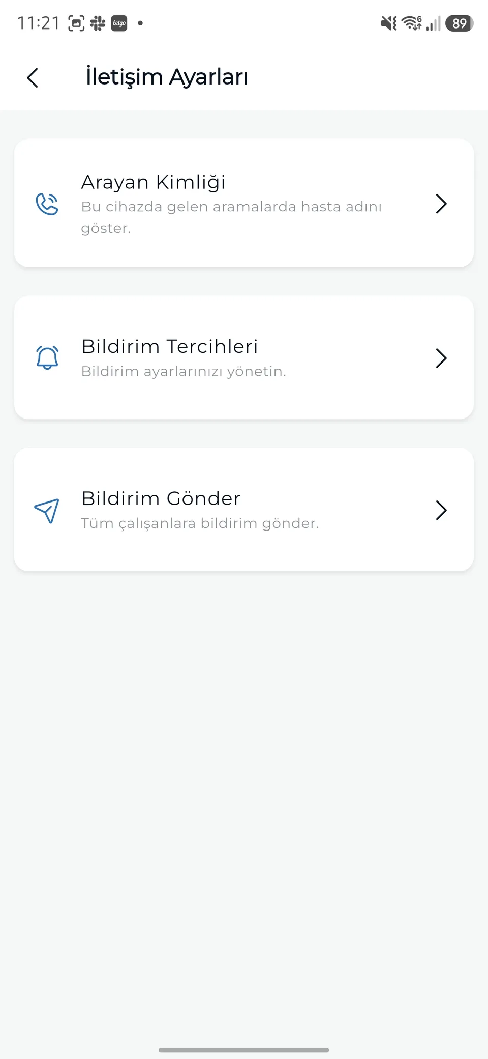Android’de İletişim Ayarları ekranı.