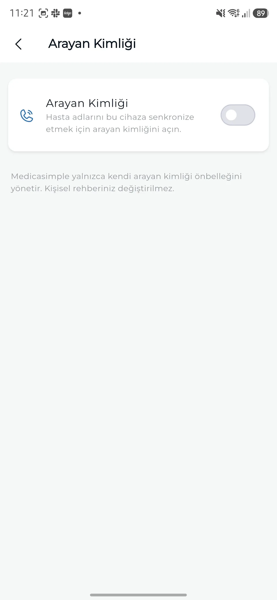 Android’de Arayan Kimliği açılmadan önce.