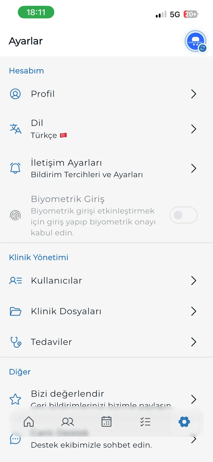 iPhone’da Medicasimple Ayarlar ekranı.