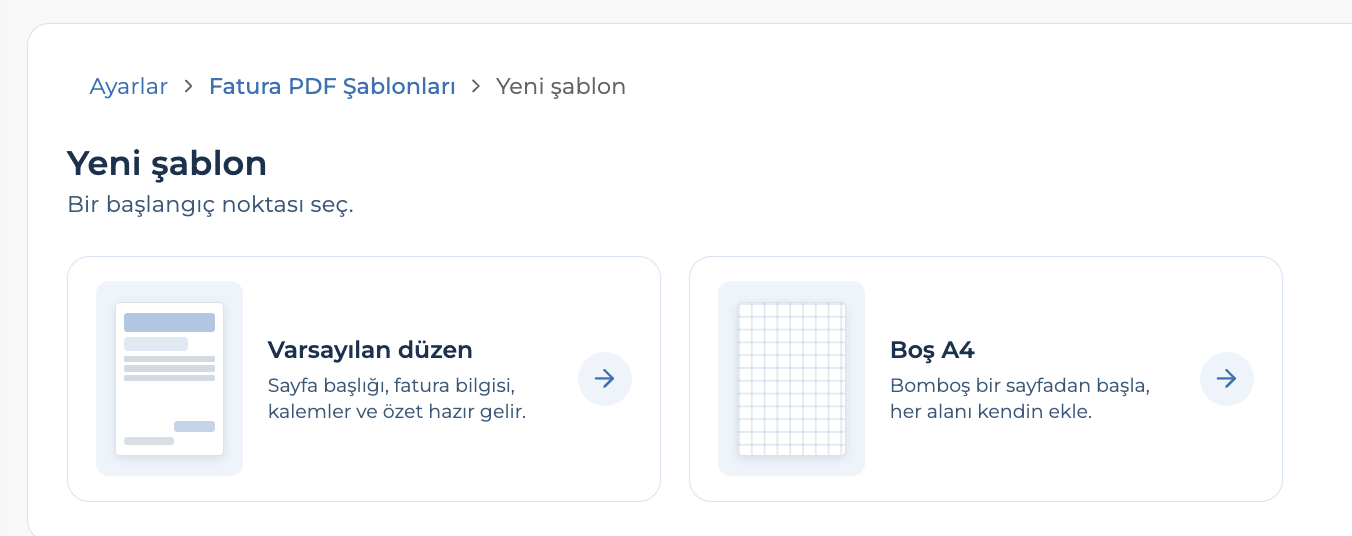 PDF fatura şablonu için hazır düzen veya boş A4 başlangıç seçimi